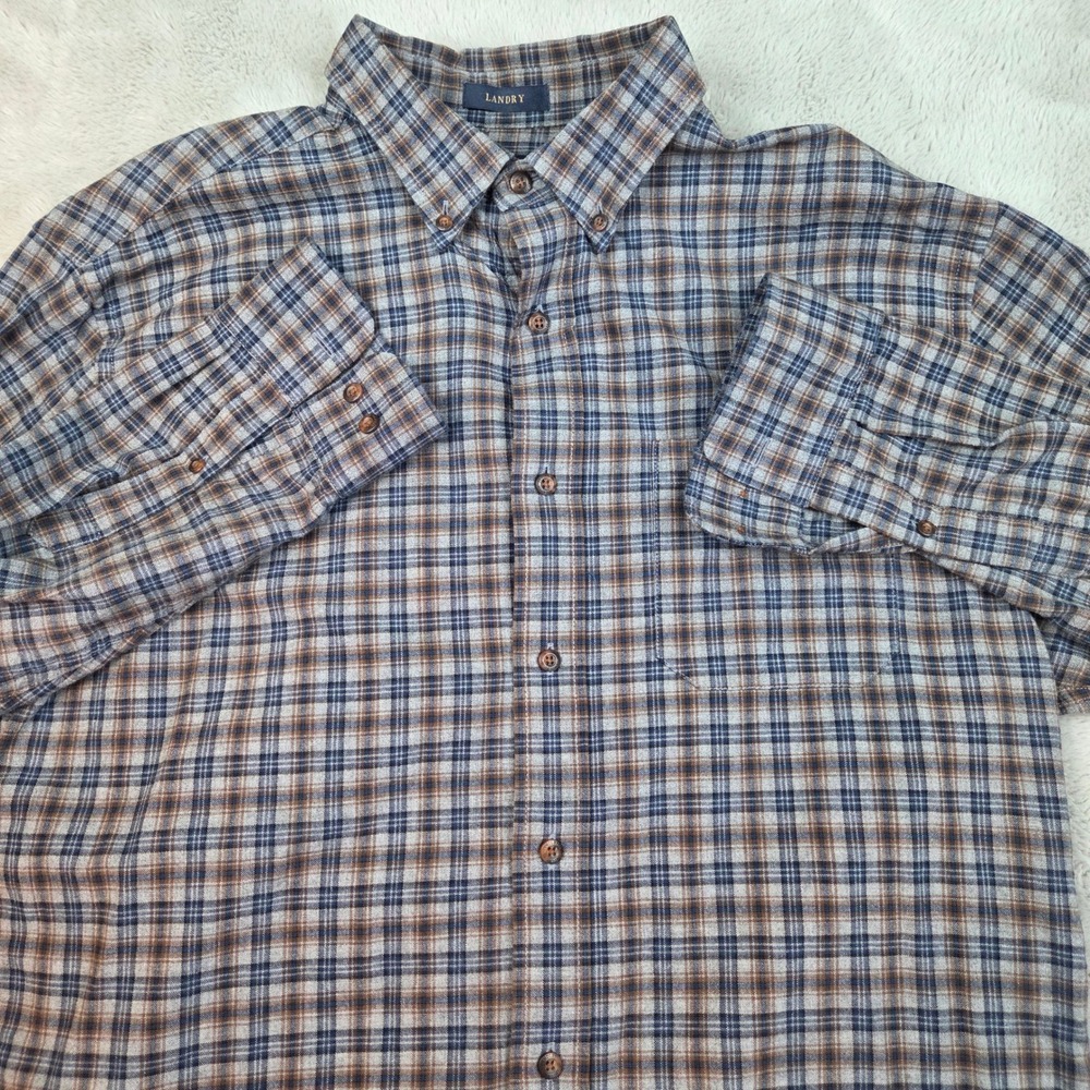 Pendleton Landry Flannel Shirt Mens L Blue Brown Plaid Cotton Wool Blend RA350